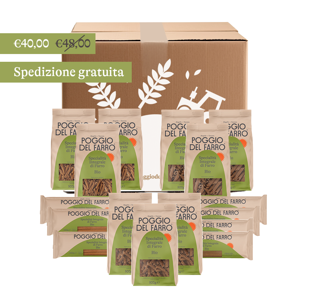 Raccolta Dispensa Pasta Integrale di farro. 16 confezioni in scatola avana.