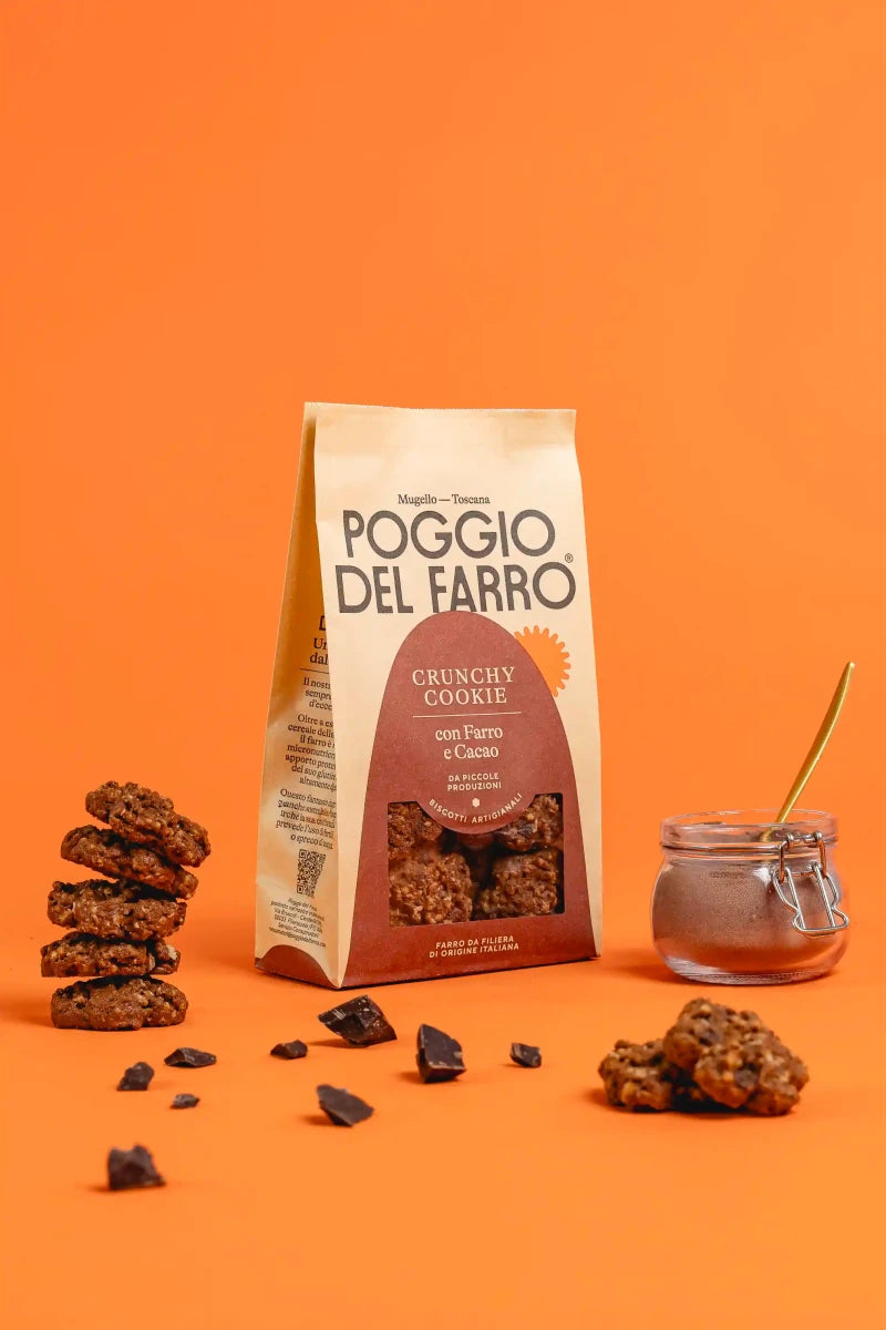 Ingredienti dei crunchy cookie al farro Poggio del Farro, cioccolato, cacao e materie prime selezionate