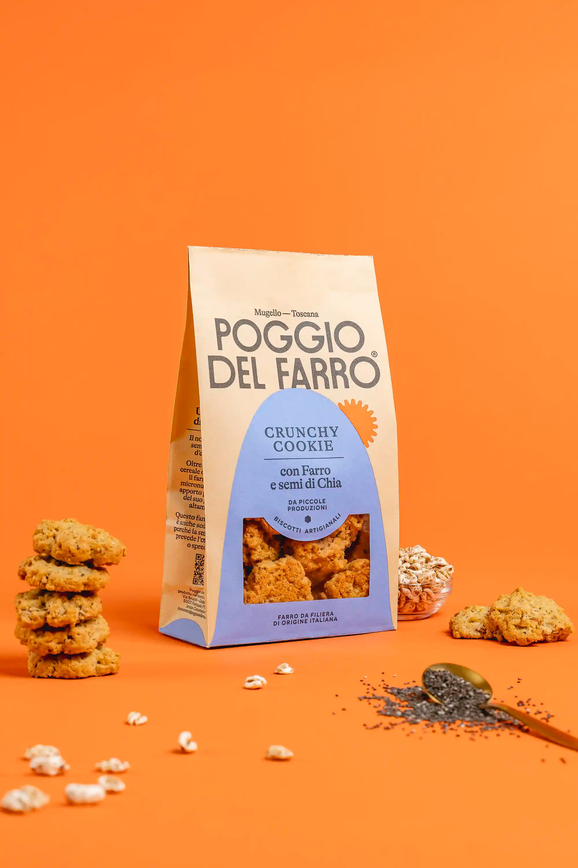 Ingredienti dei crunchy cookie al farro Poggio del Farro, farro soffiato integrale e semi di chia - materie prime selezionate