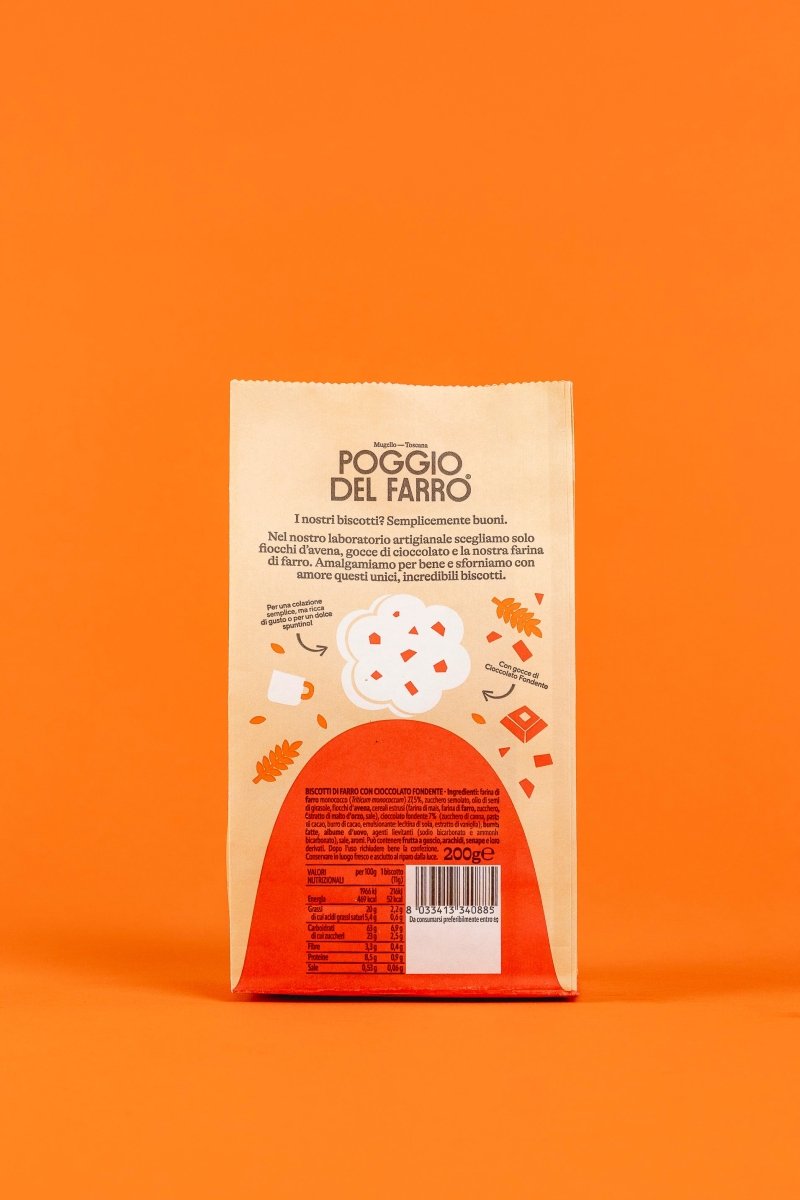 Retro confezione crunchy cookie al farro e cioccolato Poggio del Farro con informazioni prodotto
