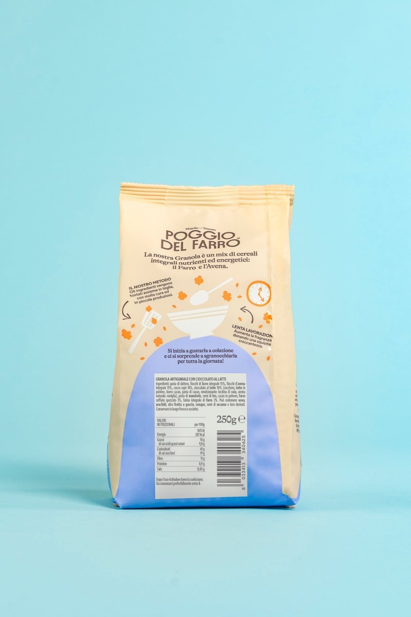 Etichetta e retro confezione granola artigianale Poggio del Farro