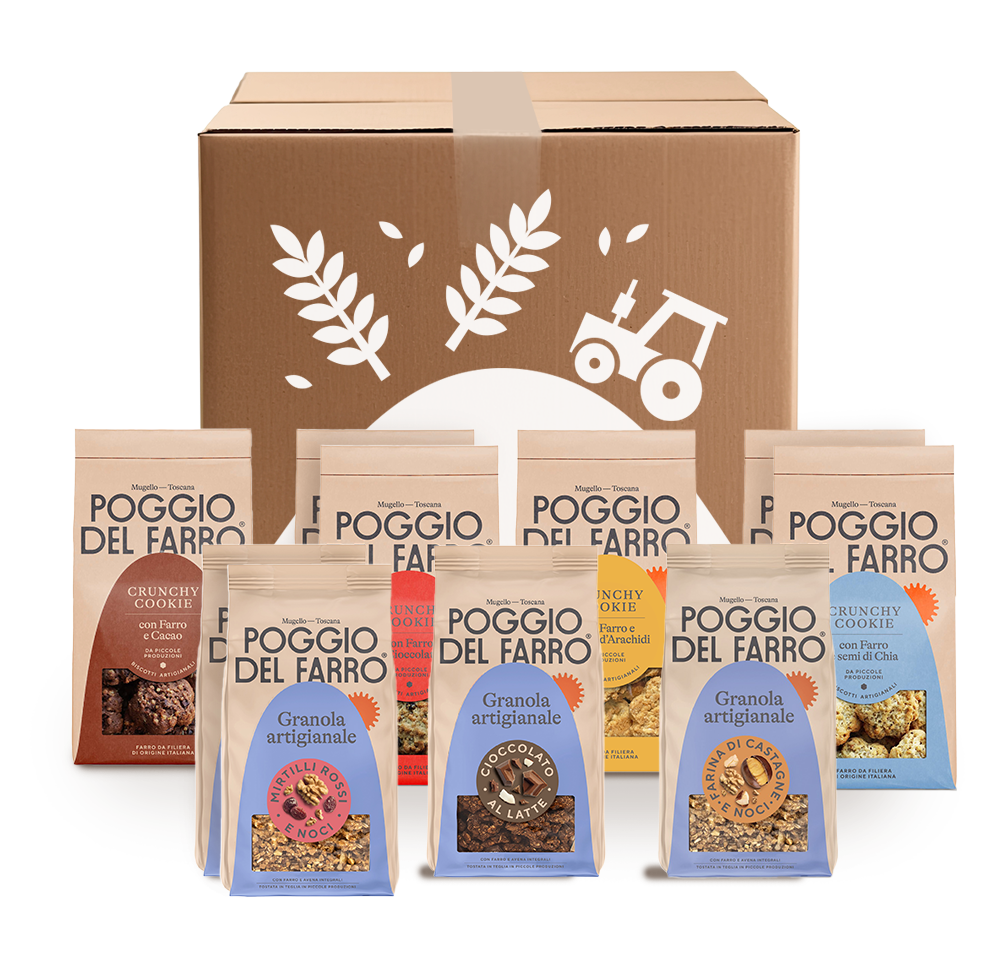 Contenuto Raccolta d’Inverno Grande Poggio del Farro con granole artigianali e crunchy cookie al farro
