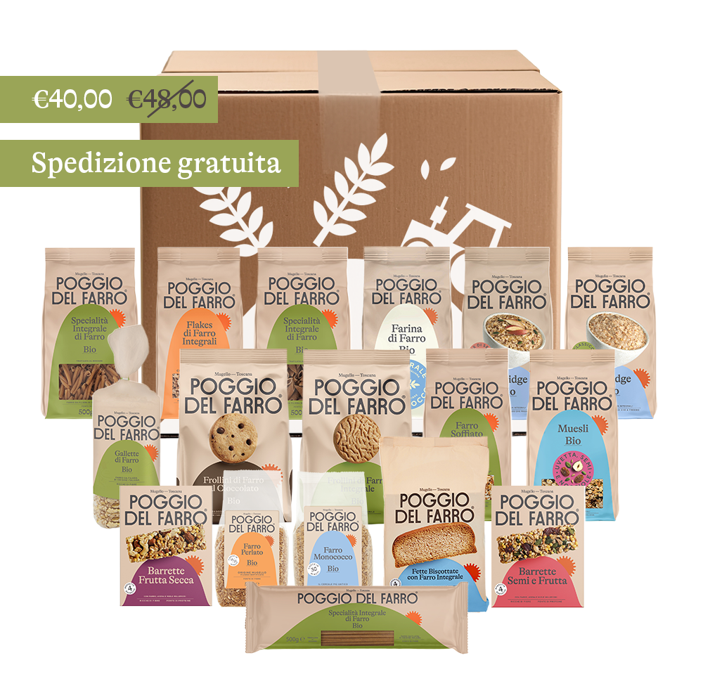 Raccolta Benessere di stagione. Prodotti Poggio del farro in scatola avana.