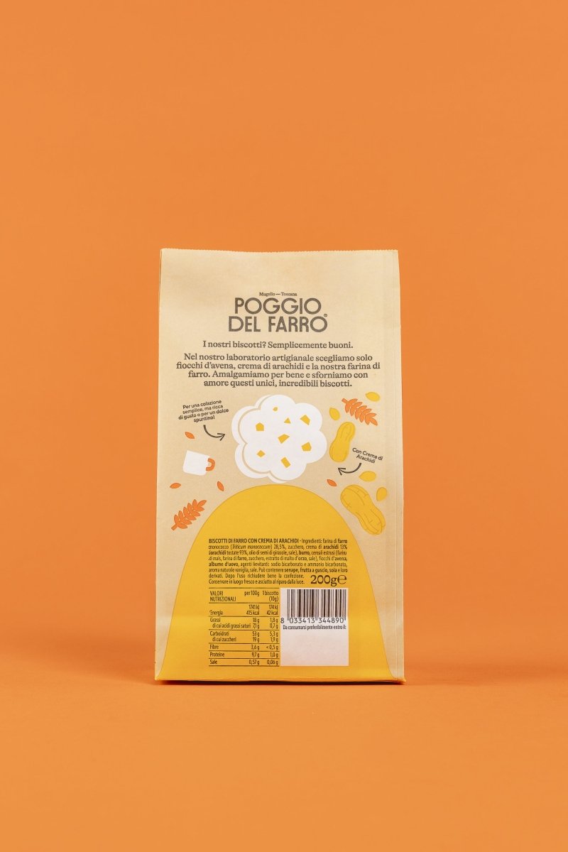 Retro confezione crunchy cookie al farro e crema di arachidi Poggio del Farro con informazioni prodotto