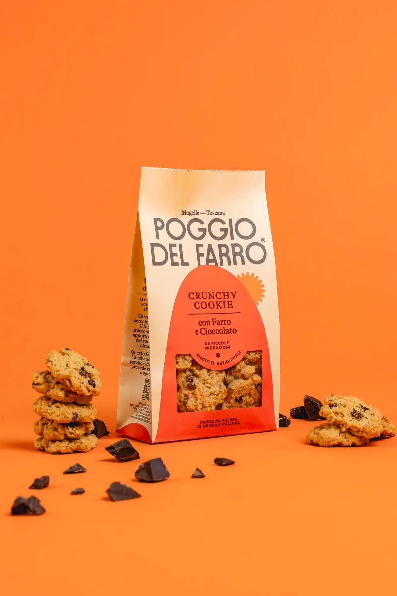 Ingredienti dei crunchy cookie al farro Poggio del Farro, cioccolato e materie prime selezionate