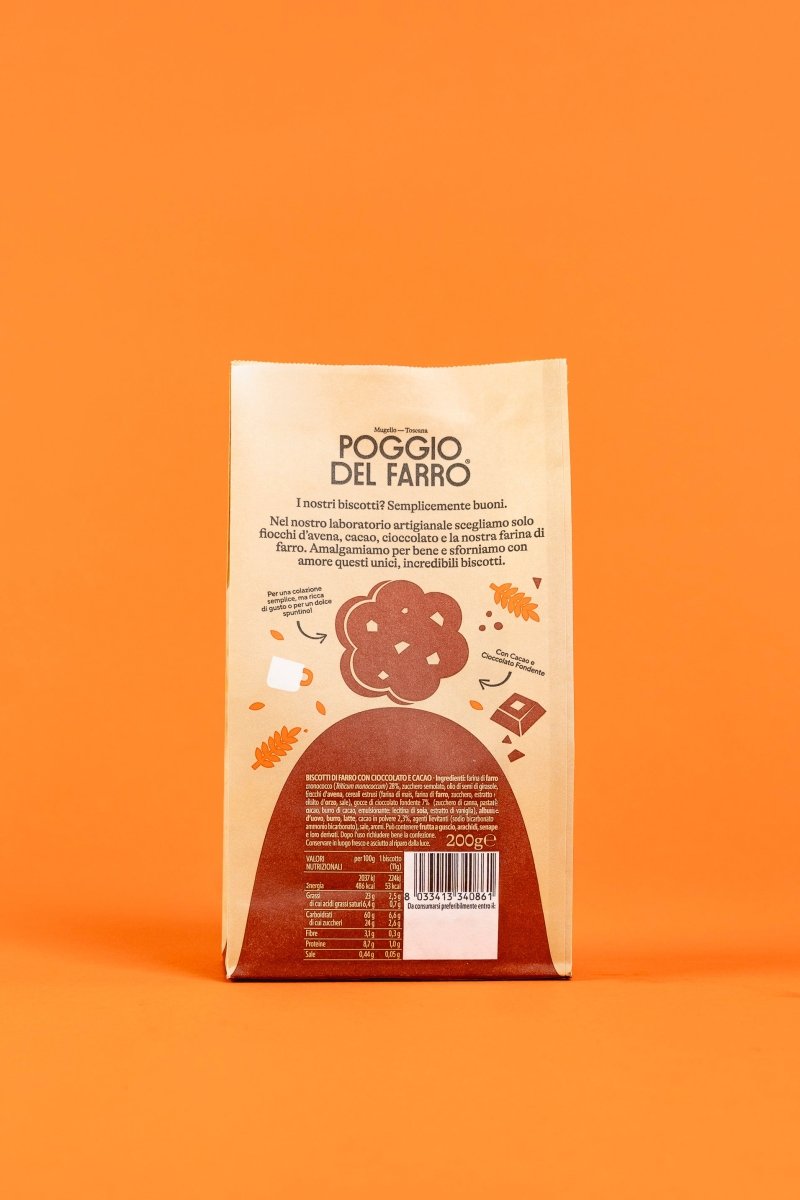 Etichetta e retro confezione crunchy cookie al farro e cacao Poggio del Farro