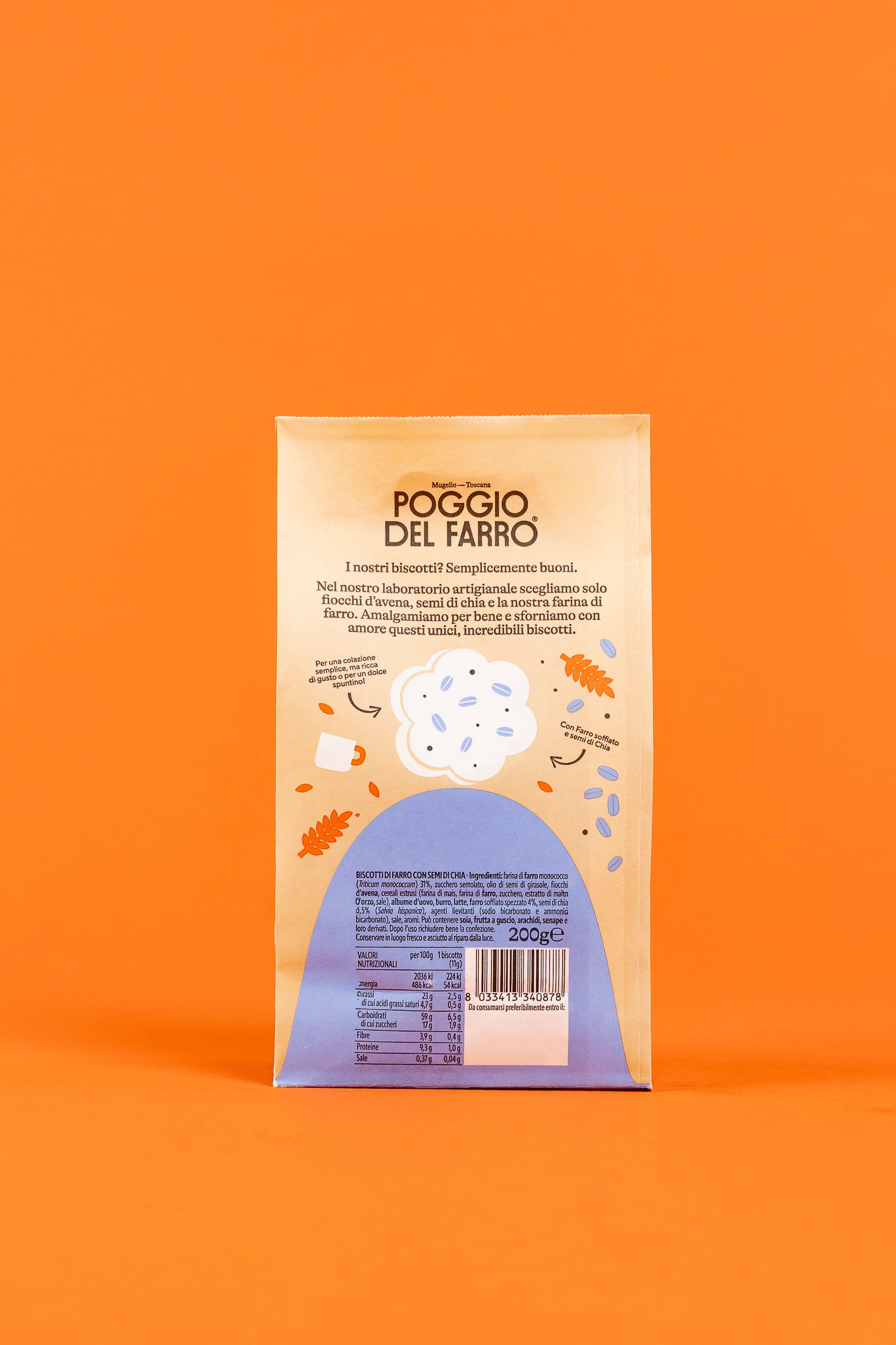 Etichetta e retro confezione crunchy cookie al farro e semi di chia - Poggio del Farro