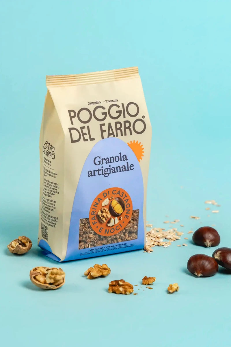Ingredienti della granola artigianale al farro Poggio del Farro, castagne, noci e cereali