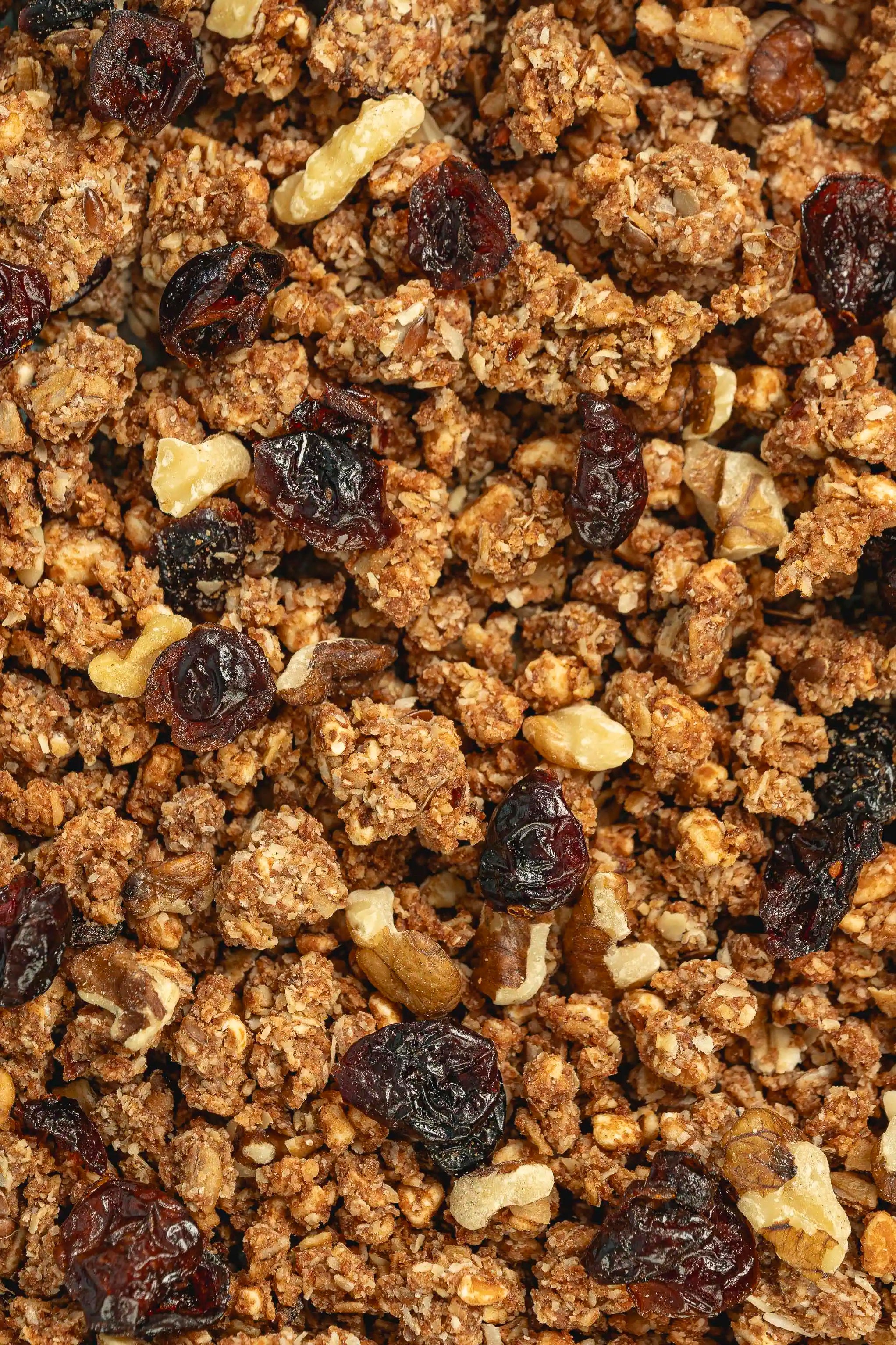 Texture della granola artigianale al farro Poggio del Farro, ingredienti visibili (mirtilli rossi e noci) e tostatura in teglia