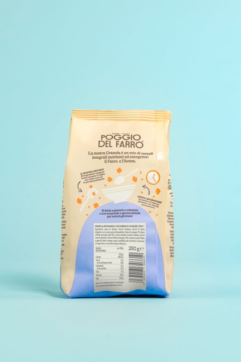 Retro confezione granola artigianale al farro con farina di castagne e noci Poggio del Farro