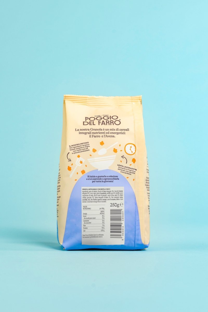 Etichetta e retro confezione granola artigianale Poggio del Farro