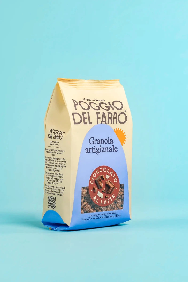 Vista laterale confezione granola artigianale al farro Poggio del Farro
