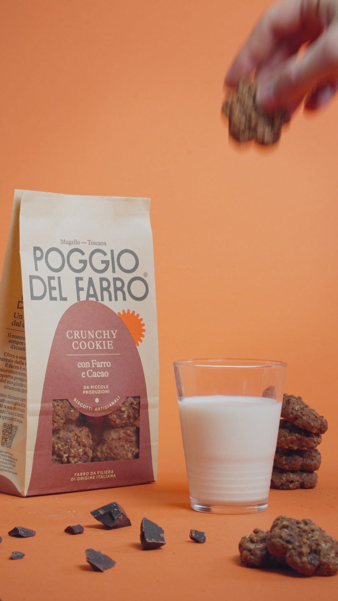 Biscotto crunchy al farro Poggio del Farro immerso nel latte, momento di colazione